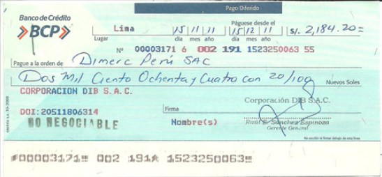 Concepto y partes de un cheque a la orden en Perú.