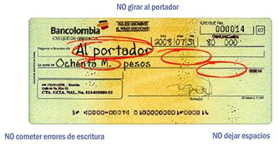 Como llenar un cheque al portador en Colombia.