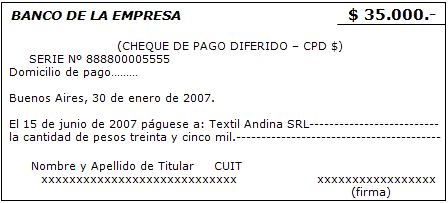 Pasos para llenar un cheque de pago diferido en Argentina.