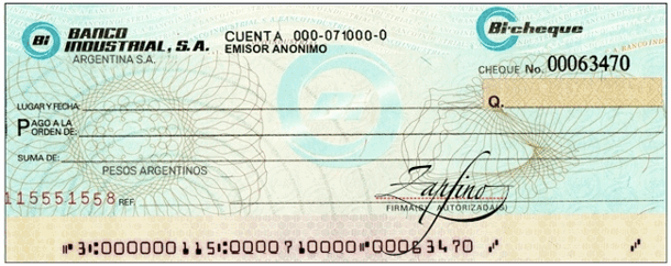 Pasos para completar un cheque en blanco en Argentina.